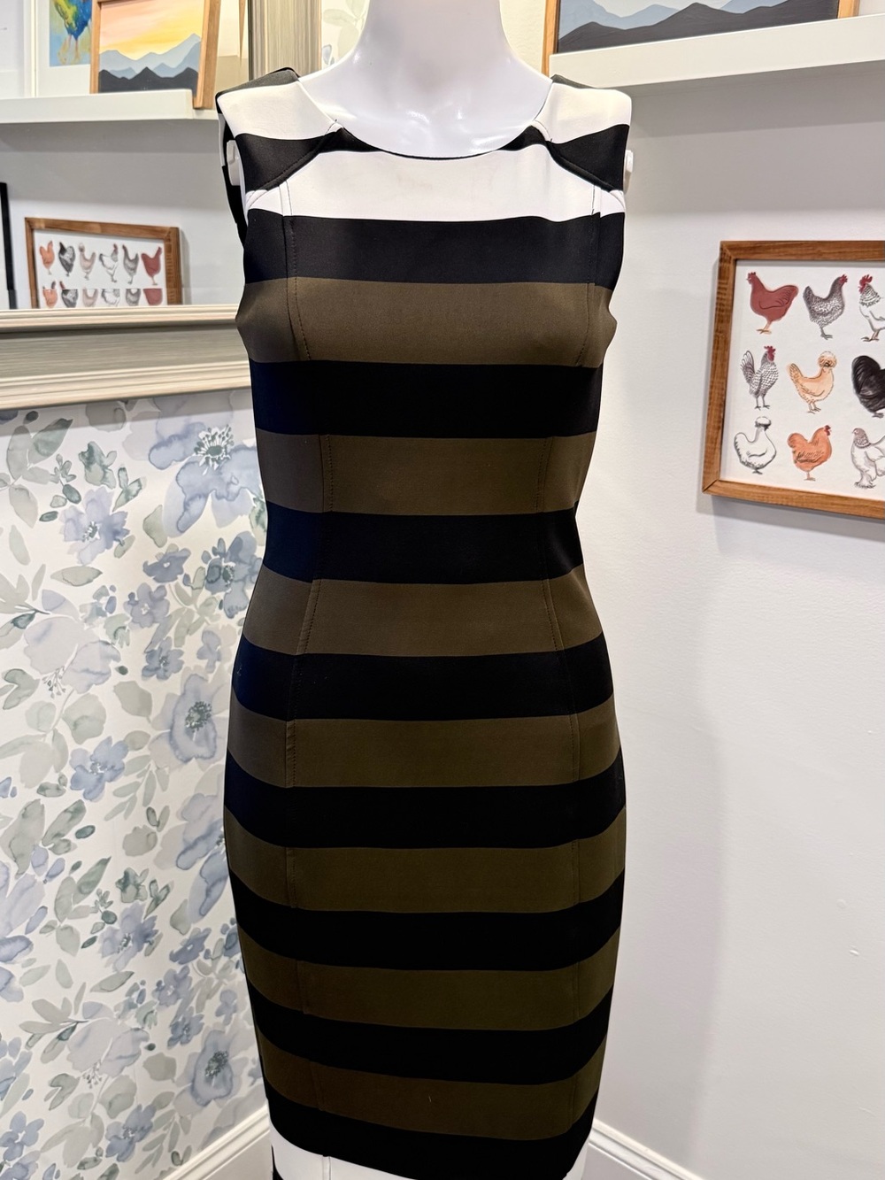 H&M Olive Green and Black Striped Sheath Dress